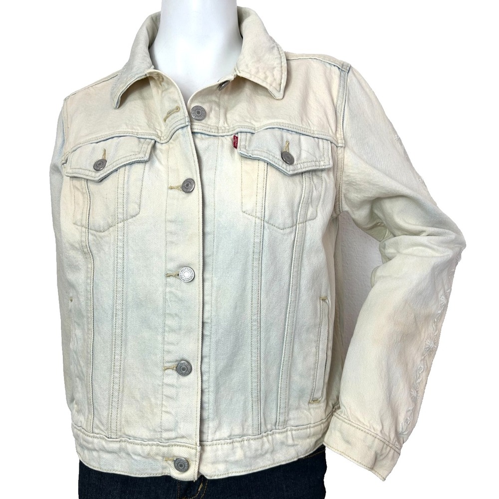 Levis Embroidered Denim Jacket Womens XL Cream Trucker Floral As Is Read